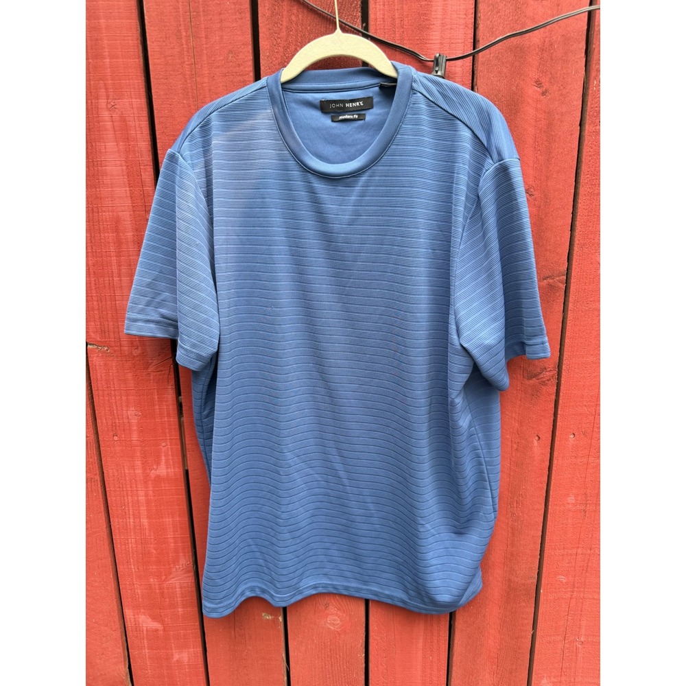 John Henry Men's Large Blue Modern Fit Short Sleeve Striped Performance Shirt